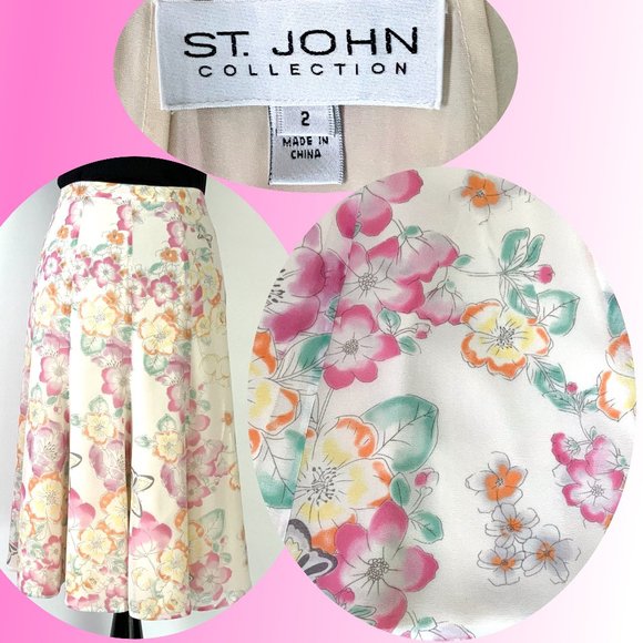 St. John Collection Dresses & Skirts - St. John Collection Floral Silk Flared Midi Summer Skirt Sz 2-4